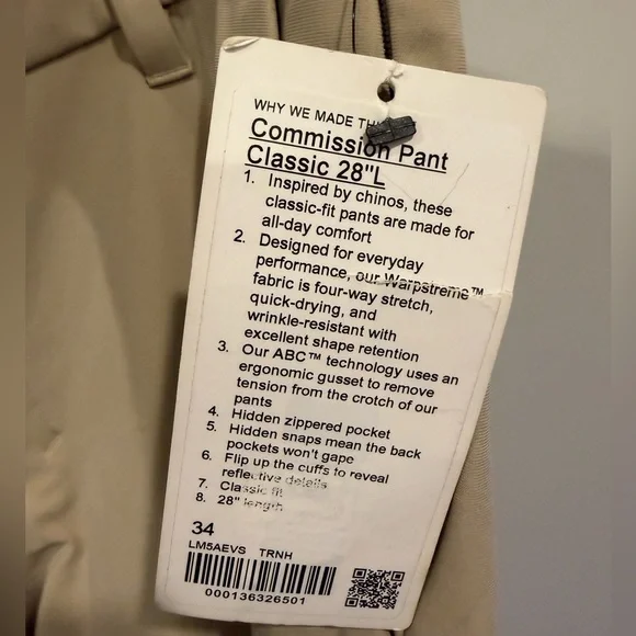 NWT Lululemon Athletica Men's Commission Pant Classic 28’ LL Size 34 - Picture 9 of 10